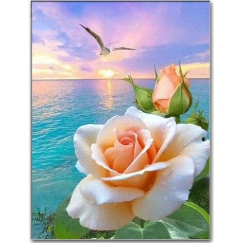 5D Sea Landscape Round Square Diamond Painting, Handcraft Diamond Embroidery, Flower Roses Mosaic Decoration