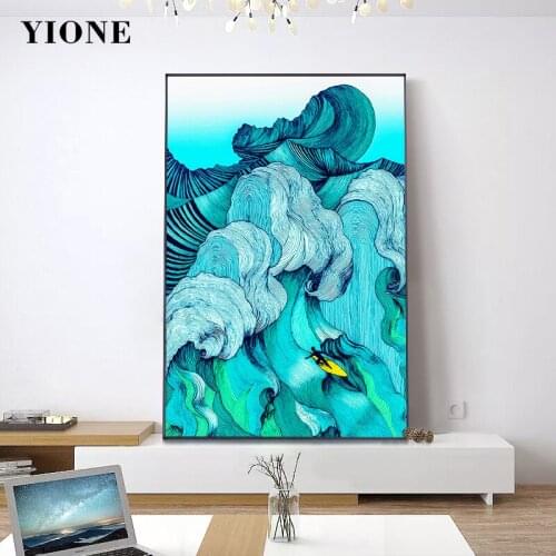 Sea Surfing Abstract Blue Ocean Wave Canvas Painting Modern Seascape Figure Picture for Living Room Wall Art Poster Prints Decor