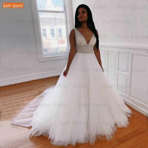 Africa Beaded Wedding Gowns V Neck Crystal abito da sposa Sleeveless Tulle Ball Gown Bride Dresses 2021 Customized suknie slubne