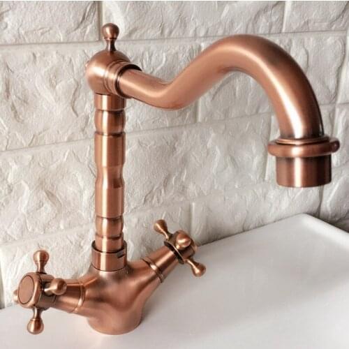 Antique Red Copper Brass Dual Cross Handles Swivel Spout Bathroom Kitchen Basin Sink Faucet Mixer Tap mrg052