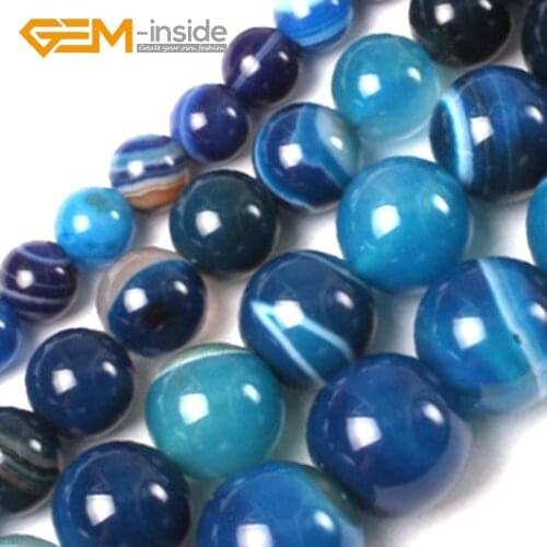 4mm-14mm Free Shipping Natural Blue Stripe Agates Onyx Round Shape Loose Beads For Jewelry Making DIY 15" New Popular Gifts
