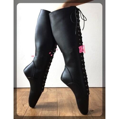 Black Pointed Toe Ballet Boots Women Sexy Wedge Hoof Sole Heelless Pinup Ballet Cross-tied Fetish Spike Heels Knee-High Boots