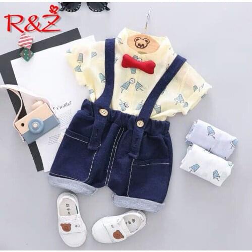 R&Z childrens clothing 2019 summer new boys suit baby cotton linen printed short-sleeved shirt bib pants gentleman two-piece