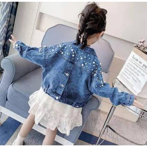 Kids Denim Jackets Spring Autumn baby jacket Girl Trench Jean Coat Button Pearls Children Outerwear Clothing Windbreaker