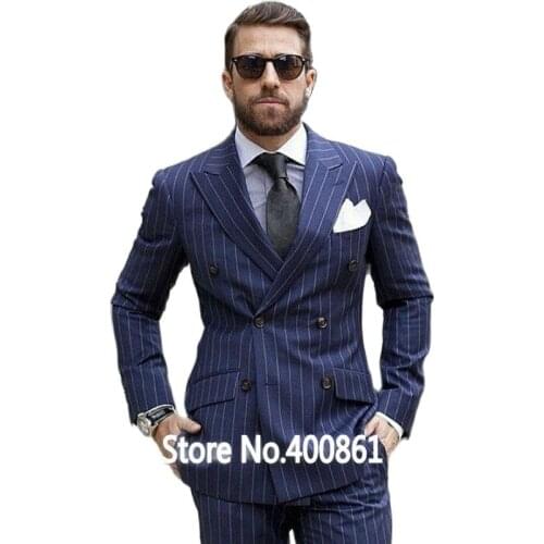 Double-Breasted Navy Stripe Mens Evening Dress Toast Suit Prom Party Clothing Handsome Groom Tuxedos (Jacket+Pants+Tie) W:515