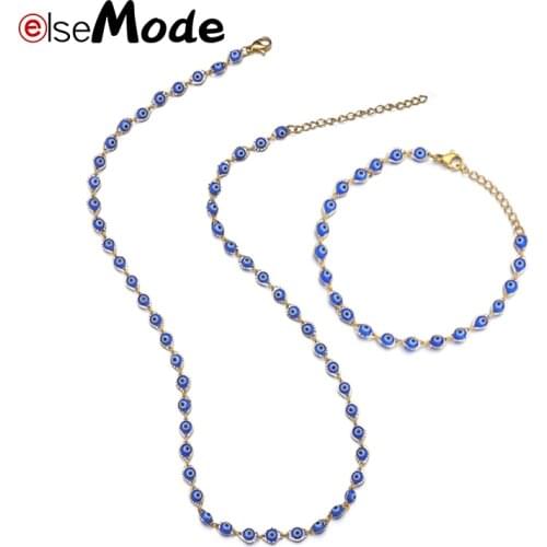 ELSEMODE Charms Evil Eye Beads Jewelry Set Turkish Blue Eyes Women Stainless Steel Lucky Bracelet Necklace For Best Friend Gift