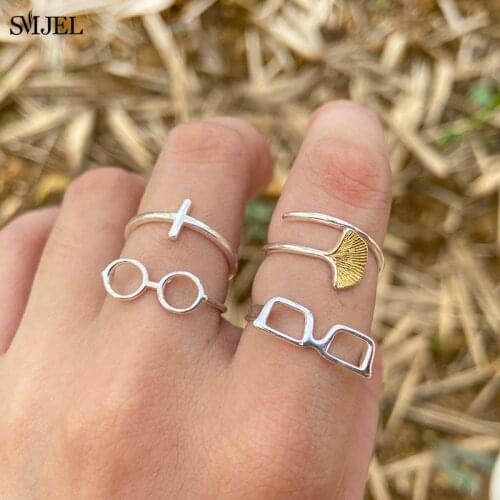 Multiple Minimalist Glasses Shape Geometric Rings Women Men Bohemian Ginkgo Biloba Finger Ring Leaves Jewelry Gift Anillos Mujer