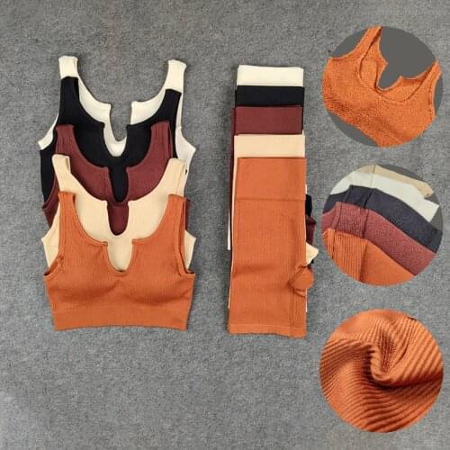 Sexy Ribbed Sports Suits V Collar Crop Tops High Waist Shorts Seamless Training Fitness Suits 2Pcs Summer Shorts Suits Gym Wear
