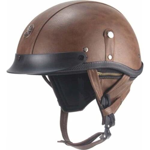 TKOSM Motorcycle Helmet PU Leather Helmet For Motorcycle Rero Vintage Crash Helmet Moto Capacetes For Men Women Black and Brown