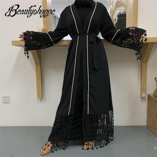 2020 Muslim Abaya Long Lace Tassel Sleeve With Peals Latest Fashion Design In Dubai Islamic Clothing Manufacturers Turkey