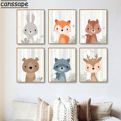Woodland Animal Print Rabbit Bear Deer Fox Wall Art Poster Nordic Jungle Painting Posters Nursery Picture Baby Kids Room Decor