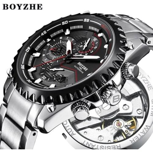 BOYZHE 2018 New Men Automatic Mechanical Watch Waterproof Sport Luxury Brand Military Stainless Steel Watches Relogio Masculino