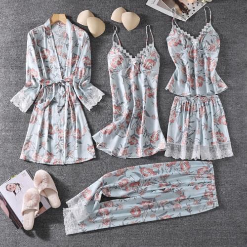 Sleepwear Women Spring Summer New PAJAMAS Satin Nightwear PJS Set Lace Kimono Gown Lounge Wear Sexy Home Clothes Bathrobe