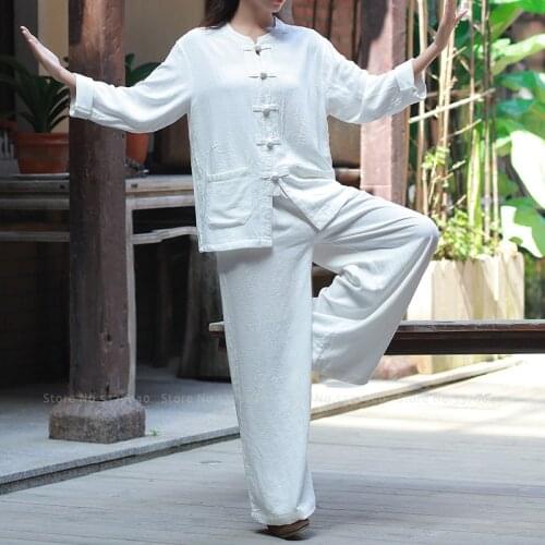 Women Zen Tea Tai Chi Kung Fu Uniform Set Retro Chinese Style Cotton Linen Tops Shirt Cardigan Wide Leg Pants Trousers Tang Suit