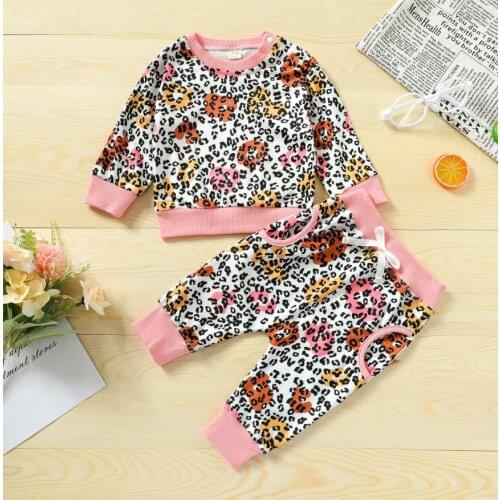 Spring Autumn Baby Leopard Print Clothes Set Girls Long Sleeve O-neck T-shirt Drawstring Waist Trousers Babys Sets