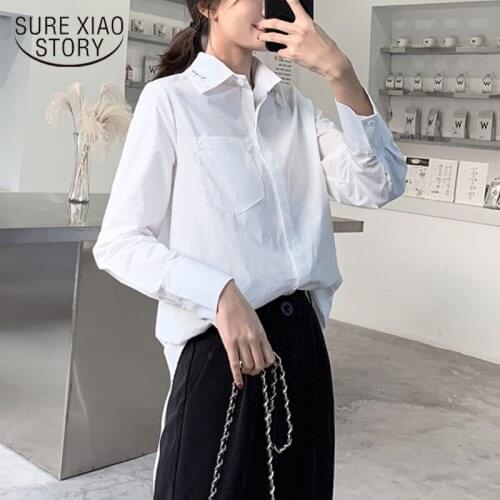 Elegant White Long Sleeve Professional Shirt Women Shirts 2021 New Korean OL Style Embroidered Turn-down Collar Blouse 8909 50