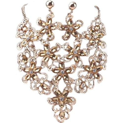 Women Accessories Wedding Bridal Gold Color Statement Champagne Crystal Flower Necklace Earring Party Jewelry Set