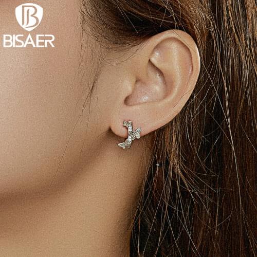 BISAER Simple Silver Earrings 925 Sterling Silver Flying Butterflies Women Stud Earrings Female Classic Earrings Jewelry EFE445