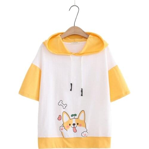 Japanese Mori Womens Hoodies Sweatshirt With Ears On Hood Cartoon Print Harajuku Hooded Short-Sleeve Hoodie Tracksuit