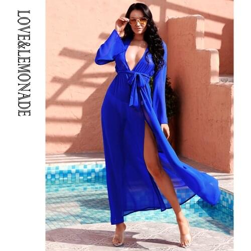 LOVE&LEMONADE Sexy Deep V-Neck Royal Blue Split Translucent Flared Long Sleeve Beach Summer Maxi Dress LM83306