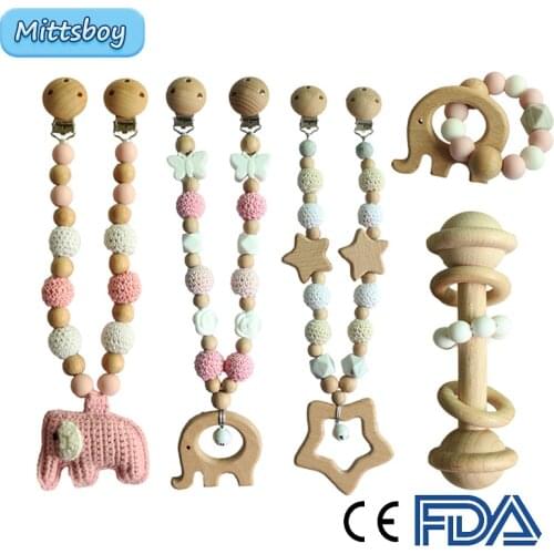 2021 Baby Wooden Pram Clips Baby Mobile Pram Personalize Silicone Bead Pacifier Chain Chewable Silicone Rattle Baby Wood Teether
