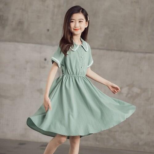 2021 Girl Dress Summer Peter Pan Collar Kids Dresses for Girls Princess Dress Elegant Party Costume Children Clothing 4-14 Years