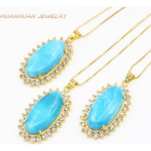 24x42mm Natural Stone Pendant Blue Chalcedony Jades Chain Necklace For Women Men Lucky Amulet Pendants Charms Diy Jewelry B3312