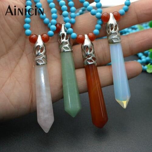 4mm Natural Blue Turquoise Beads Chain Crystal Pointed Hexagon Shape Pendant Necklace 20'' Fashion Women Sweater Chain Necklace