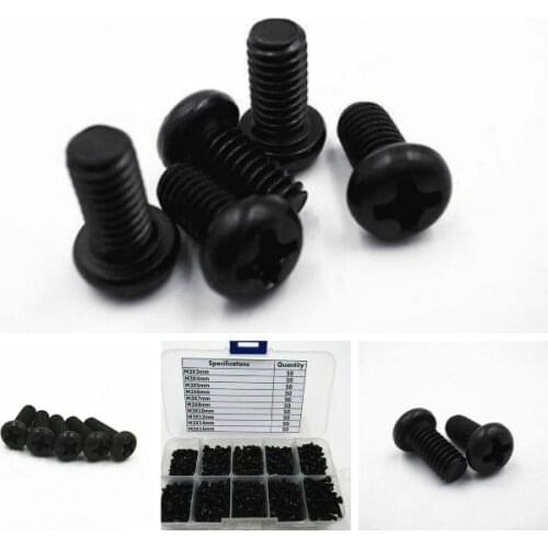 500 pcs/box M3x3/4/5/6/7/8/10/12/14/16mm Black carbon steel Cross Recessed Pan Head Screws Phillips Screws Bolts Assortment Kit