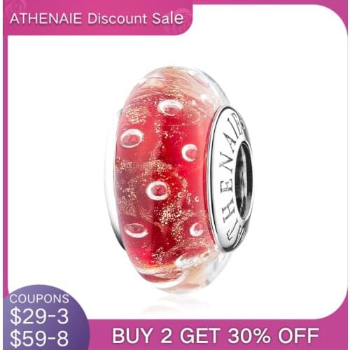 ATHENAIE 925 Sterling Silver Murano Glass Bead Red Bubble Gold Sands Charms Beads for Bracelet DIY Women Jewerly for Valentine