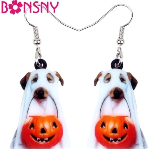 Bonsny Acrylic Halloween Pumpkin Ghost Dog Earrings Drop Dangle Novelty Animal Jewelry For Women Girls Pet Lovers Gift Wholesale