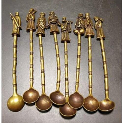 Chinese Old Brass Handmade Carved eight immortals Small spoon 8 pieces