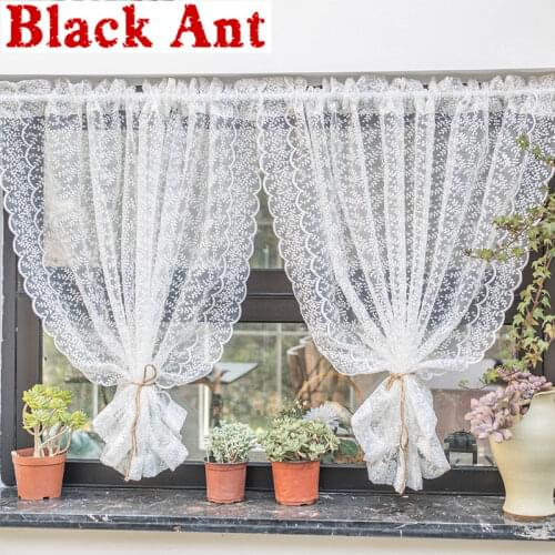 Korean Lace Wave Short Curtain For Kitchen Embroidery Leaves White Gauze Curtain Translucent Partition Door Half Sheer JD1061