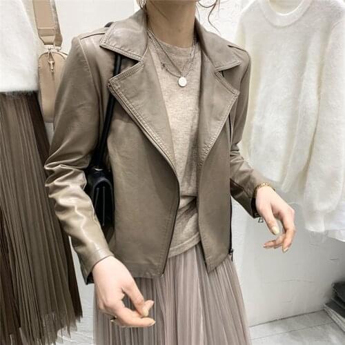 Korean Slim High Quality Washed PU Leather Women Jacket Long sleeve Short Spring Artificial Leather Biker Outerwear Streetwear