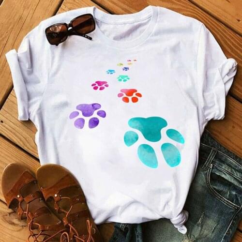 Summer Ladies T-shirt Watercolor Paw Pet Cartoon Short Sleeve Women t shirt Fashion Tshirt Female Tee Top Graphic woman T-shirt