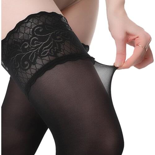 Oil Shiny Sexy Stockings Women Lace Top Thigh High Medias De Mujer Black Red White Coffee Gray Long Silk Stockings With Silicone