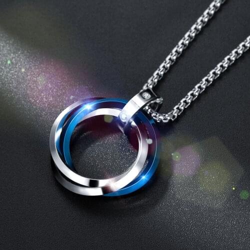 Fashion Geometry 3-Color Circle Pendant Necklace Stainless Steel Blue Black Rose Gold Couple Necklace Mens Party Jewelry Gift