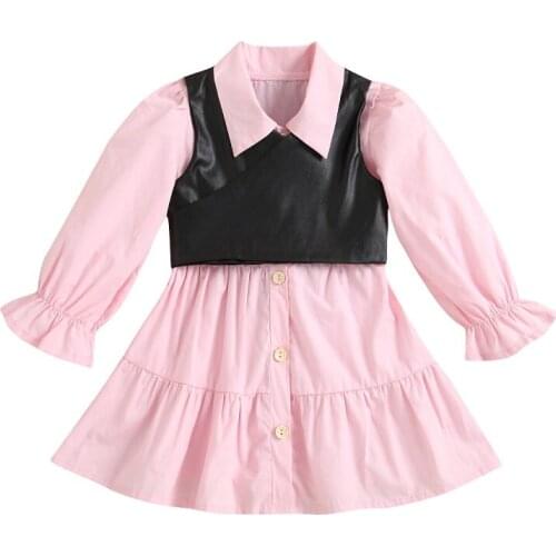 2021 Fashion Toddler Kids Baby Girl Solid Pink Long Sleeve Turn Dow Color Shirt Dress PU Leather Tank Tops 2PCS Children Clothes