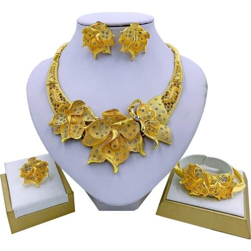 Nigeria Charm Women Big Necklace Flower Bracelet Earrings Ring Luxury Jewelry Party Fashion Jewelry Set