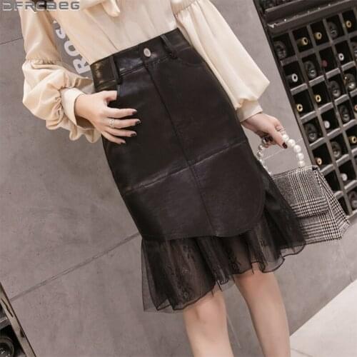 New Mesh Patchwork PU Leather Skirts For Women Winter Vintage Bodycon Mermaid Midi Jupe Femme High Waist Pencil Office Skirt