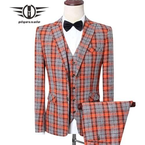 Orange Matcha Green Men Suits For Wedding 3 Pcs Slim Fit Mens Plaid Suits Designer 5XL Plus Size Business Formal Suit Male Q862