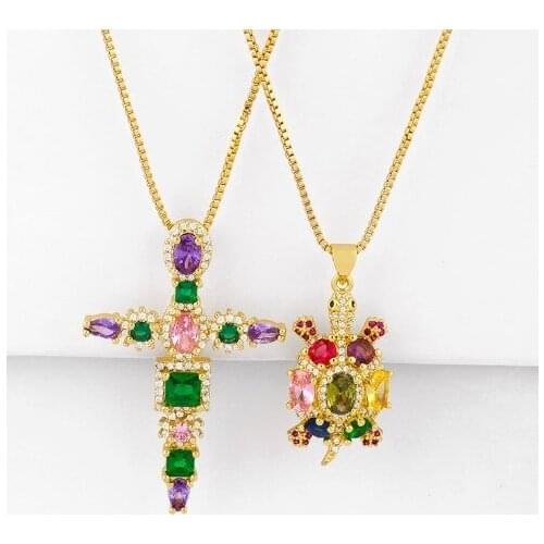 Cross tortoise multicolor micro pave cz zircon cubic zirconia necklace copper Clavicle gold plated Snake Chain Choker Pendant ws