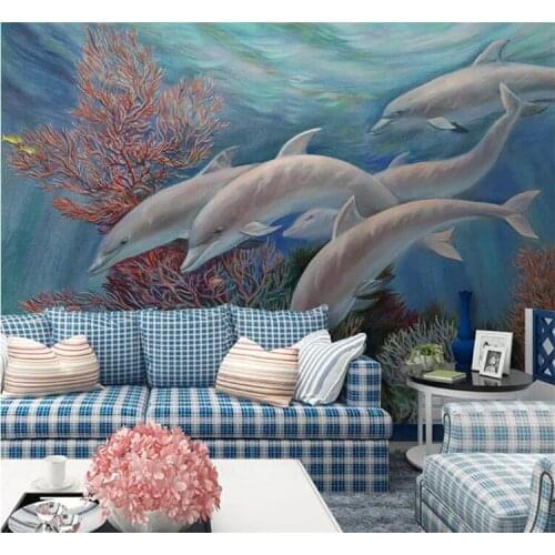 Custom 3D Non-Woven Wallpaper child Photo Mural Wallpaper Roll Sea Cartoon Dolphin Home Decor For Kids Room Bedroom
