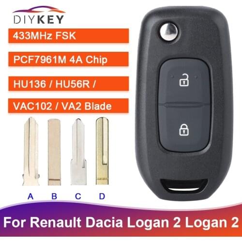 DIYKEY 2 Button FSK 433MHz PCF7961M 4A Chip for Renault Dacia Logan 2 Logan II 2018 2019 2020 Flip Remote Key Fob VAC102 HU136