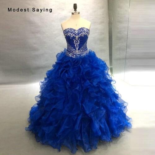 Real Photo Royal Blue Ball Gown Sweetheart Beaded Ruffled Quinceanera Dresses 2019 Embroidery Party Prom Gowns vestidos de 15