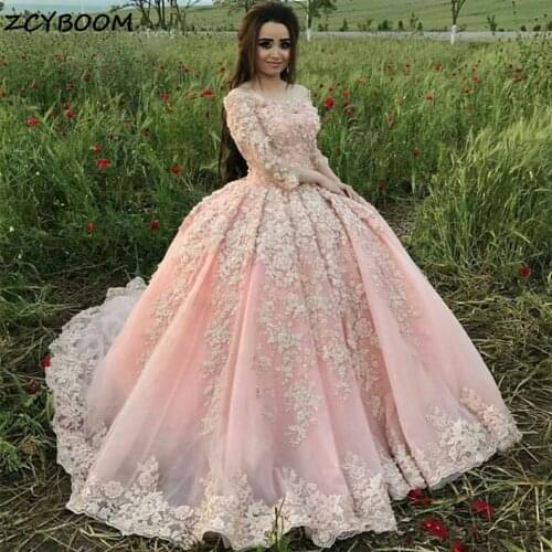 Pink Quinceanera Dresses 2021 Ball Gown Tulle Long Sleeves Formal Party Dress Sweet 18 Vestidos Elegant Princess 16 Prom Dress