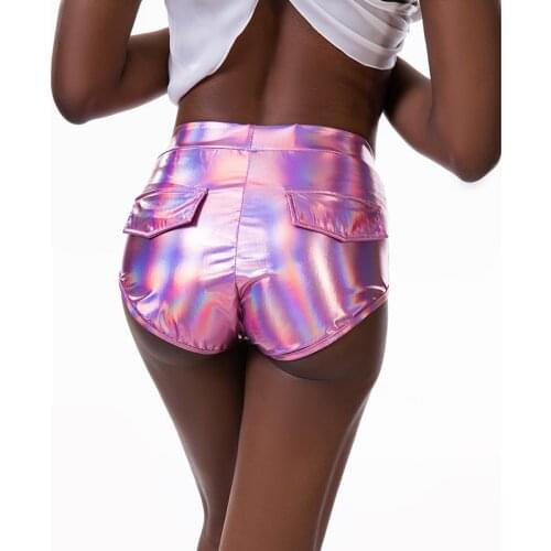 LJCUIYAO Faux Patent Leather Shorts with Pockets Glitter Sexy Dance Wetlook Women Hot Clubwear Spandex Pink Mini Short Pants