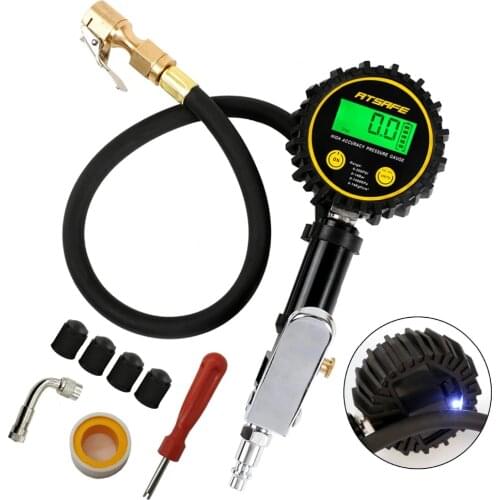 Heavy Duty Digital Car Tire Inflator Pressure Gauge with Light Air Chuck Valve Extender,Caps,Quick Connector,Tape,All Vehicles