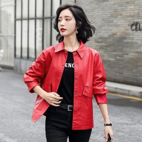 Casual Short Leather Jacket Women 2021 Spring And Autumn New Korean Fashion Loose Temperament Lapel PU Leather Coats Lady e423