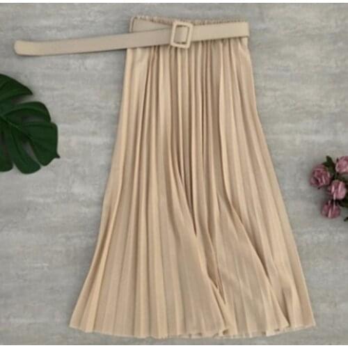 Women Pleated Skirt Casual High Waist Solid Color Belted Ladies Middle Skirt Vintage Simple Mujer Faldas Fashion
